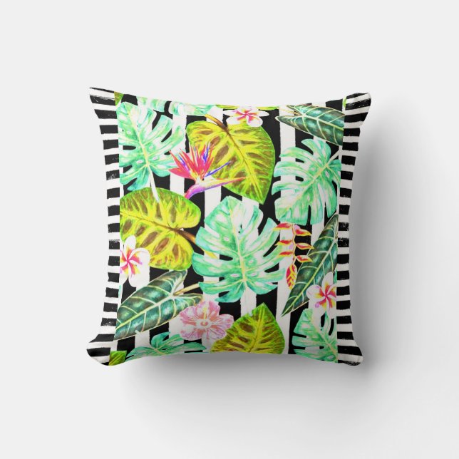 Cojín decorativo tropical rayado negro y blanco (Anverso)