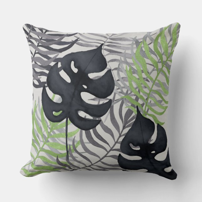 Cojín decorativo tropical verde y gris de las (Anverso)