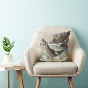 Cojín Decorativo Trucha Arcoíris, Pescador Antiguo Pescando Peces