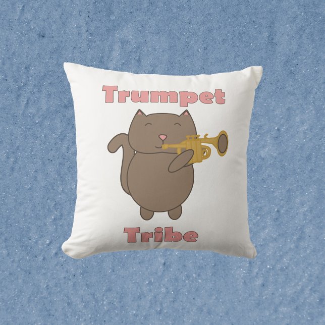 Cojín Decorativo Trumpet Tribe Cat Musician (A throw pillow with a brown cat playing the trumpet and the words trumpet tribe.)