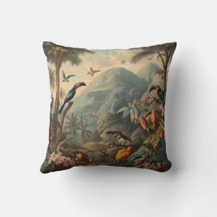 Cojín Decorativo Tucán Antiguo y Botánica de la Jungla Nebulosa