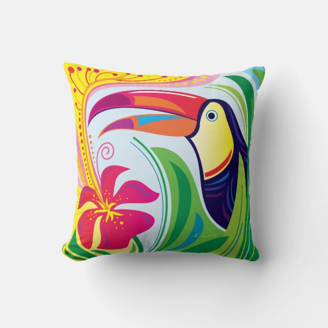 Cojín Decorativo Tucán con Flor Tropical (Anverso)