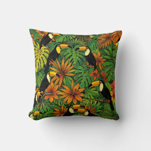 Cojín Decorativo Tucanes Coloridos Hojas Tropicales de Jungla Hibis