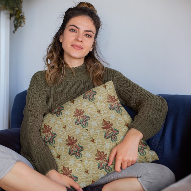 Cojín Decorativo Tulip Foliage Floral Motif Livingroom (mockup of a woman holding a Victorian Tulip Foliage Floral Motif Livingroom Throw Pillow)