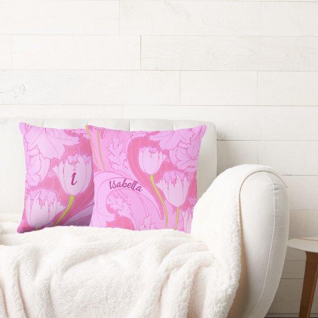 Cojín Decorativo Tulipán rosa bonito con nombre y floral inicial (Subido por el creador)