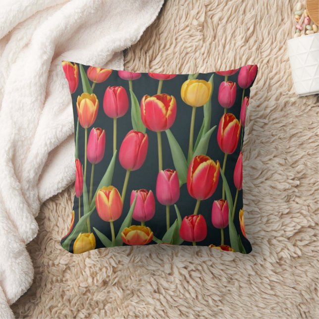 Cojín Decorativo Tulipanes Amarillo Rojo Verde Rojo Flor Negra (Manta)