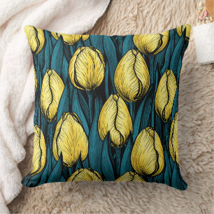 Cojín Decorativo Tulipanes amarillos con hojas azules