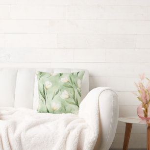 Cojín Decorativo Tulipanes Blancos Verdes Bonitos Pájaros