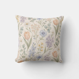 Cojín Decorativo Tulipanes Lilas Acuarela Pradera Primaveral Pastel