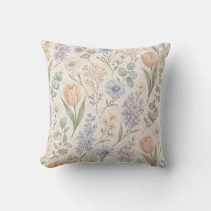 Cojín Decorativo Tulipanes Lilas Acuarela Pradera Primaveral Pastel