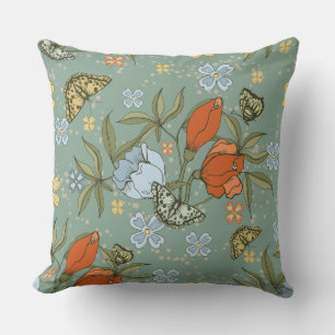 Cojín Decorativo Tulipanes Rojos verde azulados Mariposas Amarillas
