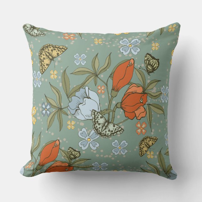 Cojín Decorativo Tulipanes Rojos verde azulados Mariposas Amarillas (Anverso)