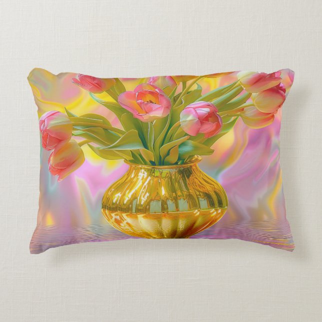 Cojín Decorativo Tulipanes rosados vibrantes en la caja dorada (Anverso)