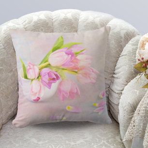 Cojín Decorativo Tulipanes rosas y blancos en tazas de té