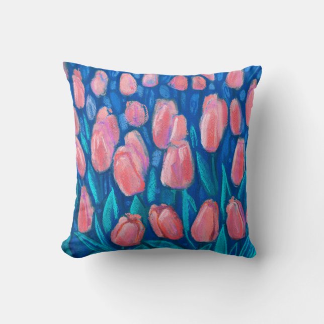 Cojín Decorativo Tulips Field, Spring Flowers Floral Art Red Blue (Anverso)