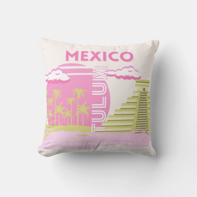 Cojín Decorativo Tulum, México, arte de viajes, rosa (Anverso)