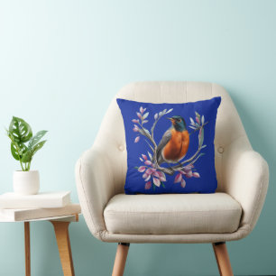 Cojín Decorativo Turdus migratorius Rodeado De Laurel De Montaña