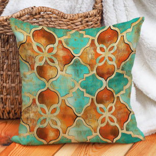 Cojín Decorativo Turquesa Naranja Quemada Baldosa Marroquí Boho 