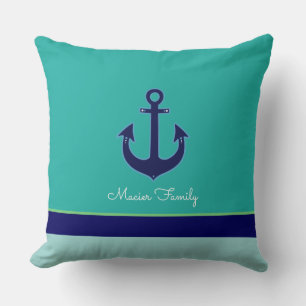 Cojín Decorativo turquesa náutica, rayado con el ancla,