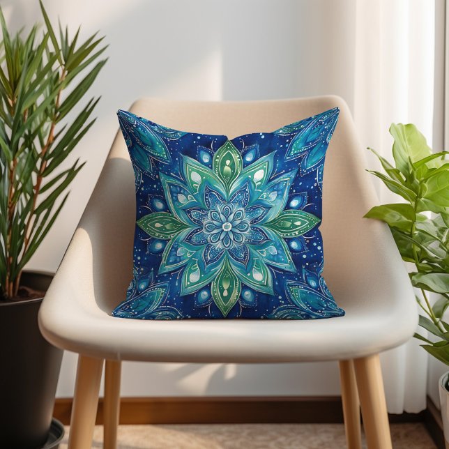 Cojín Decorativo Turquesa verde marina Mandela Boho (Navy Green Turquoise Mandela Boho Throw Pillow)