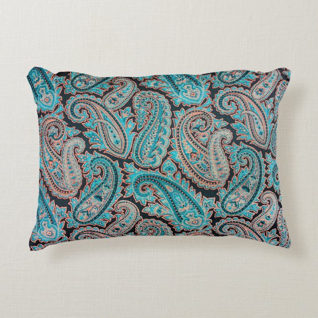 Cojín Decorativo Turquesa y Coral Paisley (Anverso)