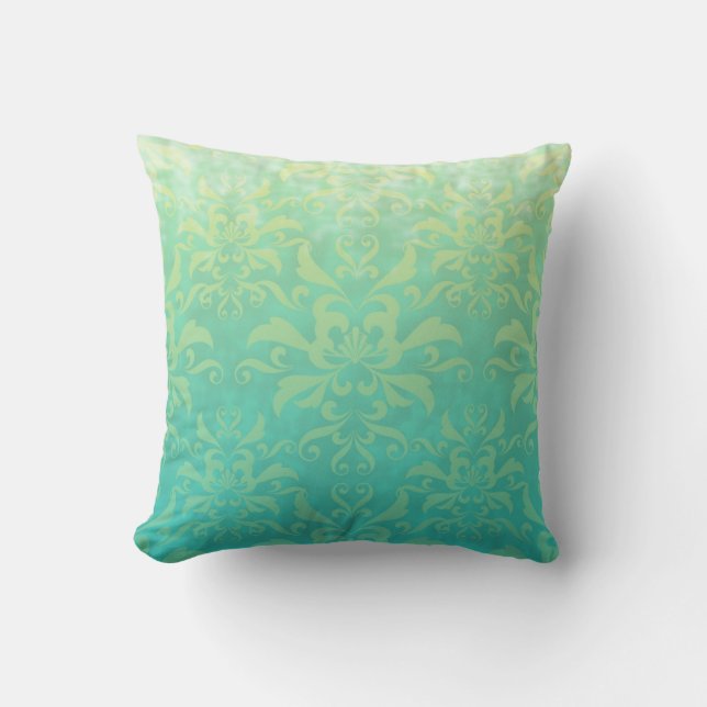 Cojín Decorativo Turquesa y Damasco Amarillo Pálido (Anverso)