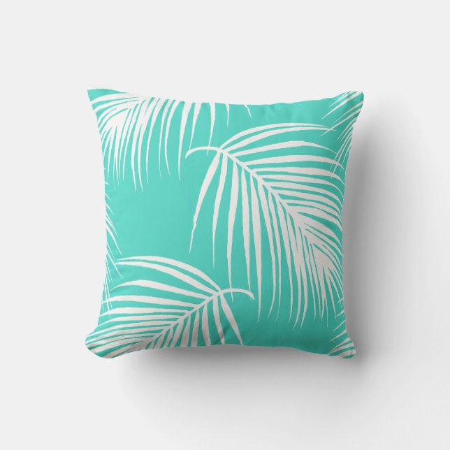 Cojín Decorativo Turquesa y Palm Blanco Tropical (Anverso)