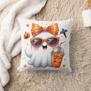Cojín Decorativo un fantasma adorable con gafas de sol naranja y ar
