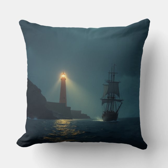 Cojín Decorativo un faro y un barco perdido Cushion (Anverso)