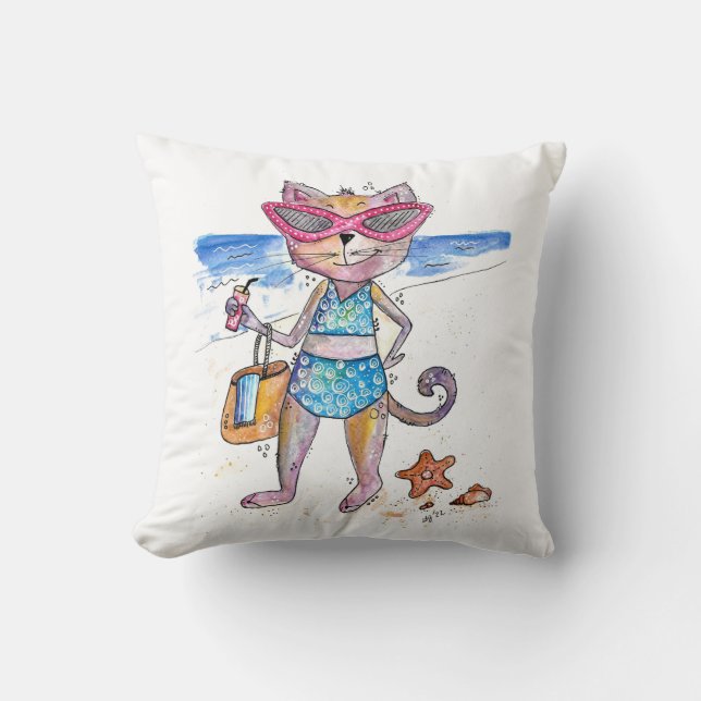 Cojín Decorativo Un gato caprichoso en la playa (Anverso)