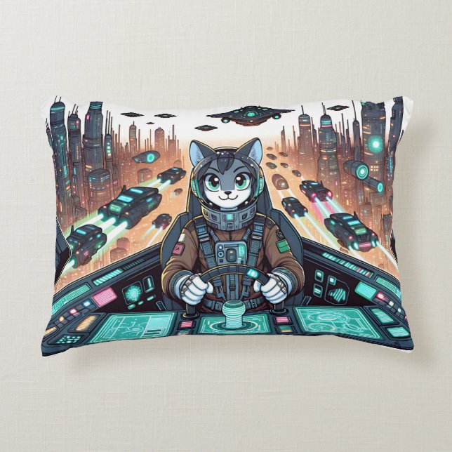 Cojín Decorativo Un gato lindo como piloto navega futurista (Anverso)