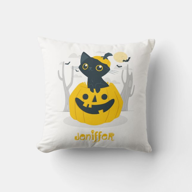 Cojín Decorativo Un gato lindo de Halloween levantándose de la luna (Anverso)
