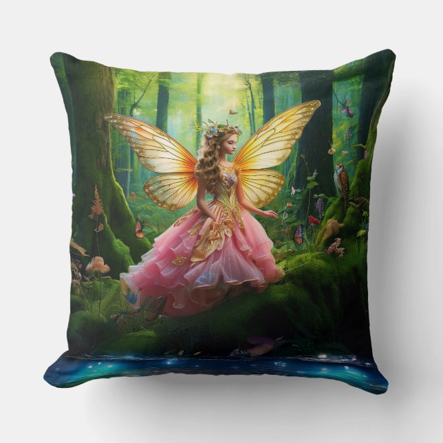 Cojín Decorativo Un hada mágica en el bosque de bosques (Anverso)