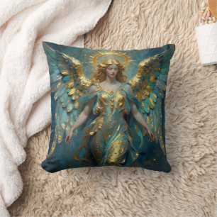 Cojín Decorativo Un hermoso ángel de oro y turquesa