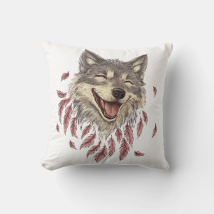 Cojín Decorativo Un lobo sonriente feliz en plumas