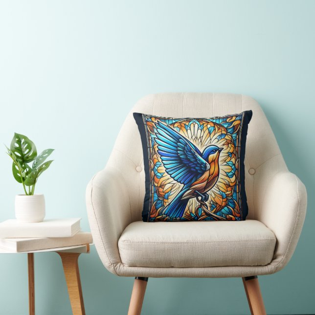 Cojín Decorativo Un pájaro azul sereno: Pintura de vidrio manchado (Silla)