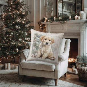 Cojín Decorativo un perro lindo debajo del árbol de Navidad