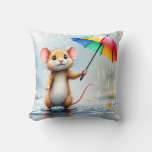 Cojín Decorativo Un ratón con un paraguas de arco iris lluvia acuar