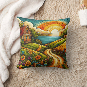 Cojín Decorativo Una puesta de sol vibrante sobre un campo tranquil