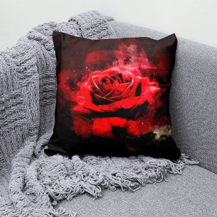 Cojín Decorativo Una Rosa Roja Acuarela sobre Fondo Negro