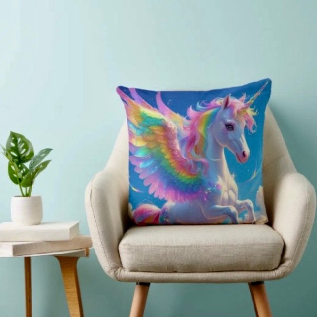 Cojín Decorativo Unicornio Bailarín con Alas de Arcoíris (Throw Pillow 100% polyester heavyweight stretch material. Hidden zipper Made in the USA.

)