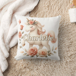 Cojín Decorativo Unicornio caprichoso pastel con rosas