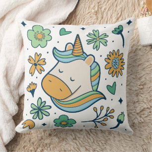 Cojín Decorativo Unicornio Caprichoso y Patrón Floral Retro