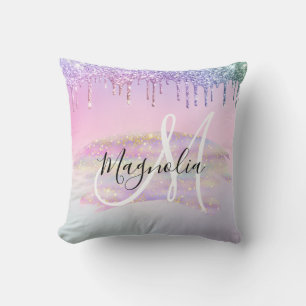 Cojín Decorativo Unicornio de arcoíris glam ombre glitter monograma