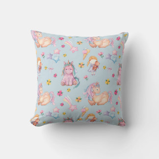 Cojín Decorativo Unicornio de cuento de hadas y acuarela floral