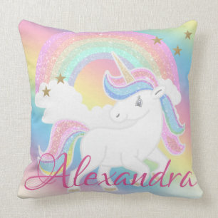 Cojín Decorativo Unicornio de Purpurina con Arcoíris y Nombre Perso