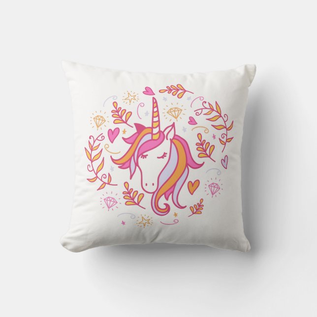 Cojín Decorativo Unicornio en camiseta rosa y Naranja (Anverso)