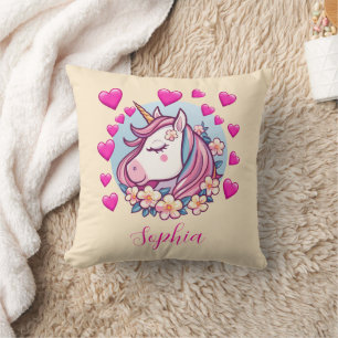 Cojín Decorativo Unicornio Lindo, Corazones y Flores Rosas, Nombre,