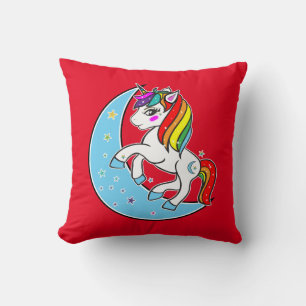 Cojín Decorativo Unicornio Luna Azul Celeste Arcoíris y Estrellas