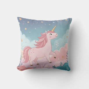 Cojín Decorativo Unicornio Rosa con Cuerno Dorado – Nubes Pastel